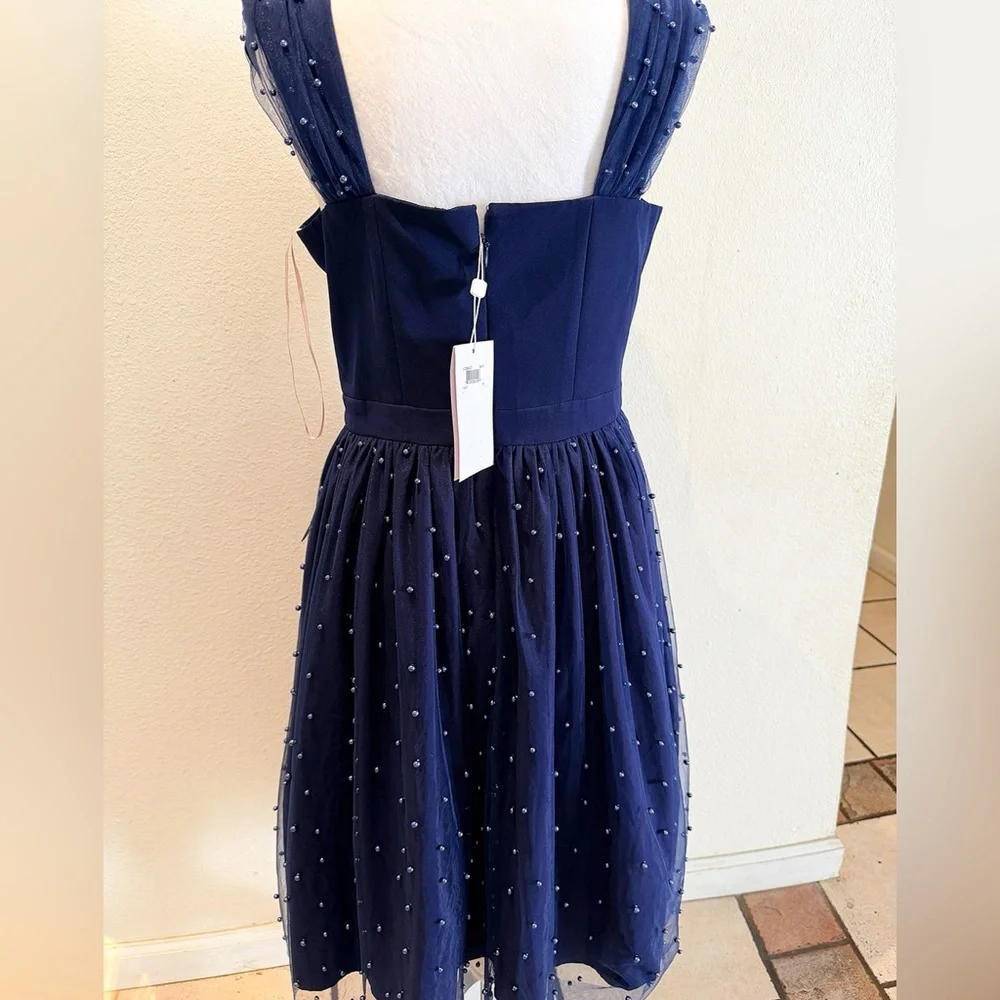 Gal Meets Glam Delores Navy Blue Pearl Beaded Dress Size 6 - Picture 3 of 6